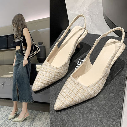Pointed Plaid Slingback Kitten Heel Sandals