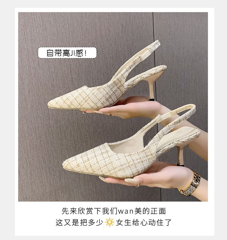 Pointed Plaid Slingback Kitten Heel Sandals