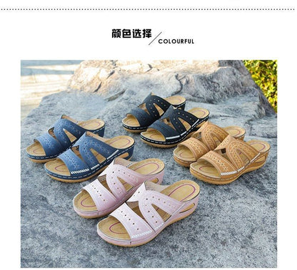 Flower Embroidered Platform Wedge Slide Sandals