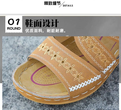 Flower Embroidered Platform Wedge Slide Sandals