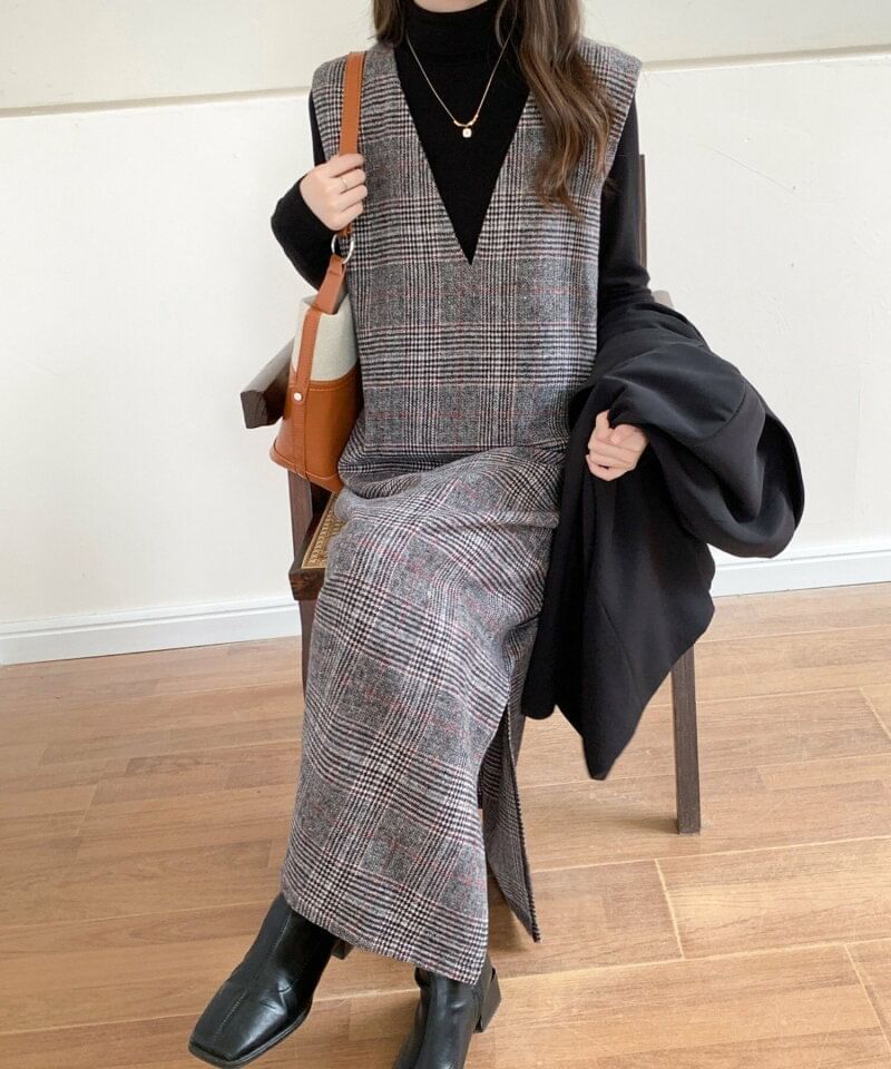 V-Neck Plaid Slit Long Dress
