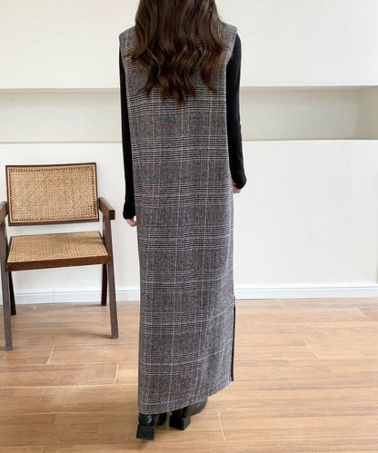V-Neck Plaid Slit Long Dress