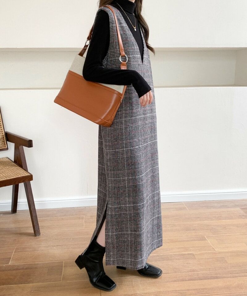V-Neck Plaid Slit Long Dress