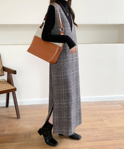 V-Neck Plaid Slit Long Dress