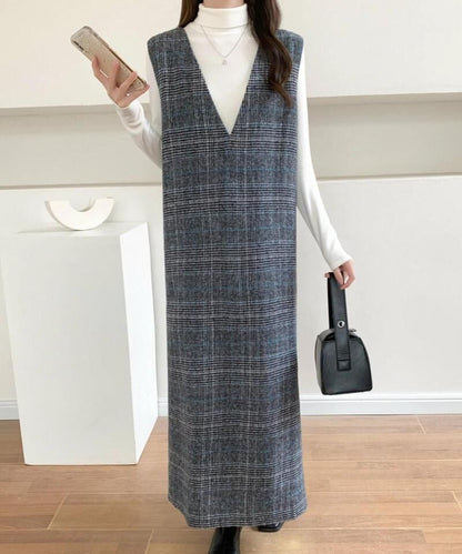 V-Neck Plaid Slit Long Dress