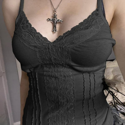 V-Neck Plain Lace Panel Slim-Fit Camisole Top