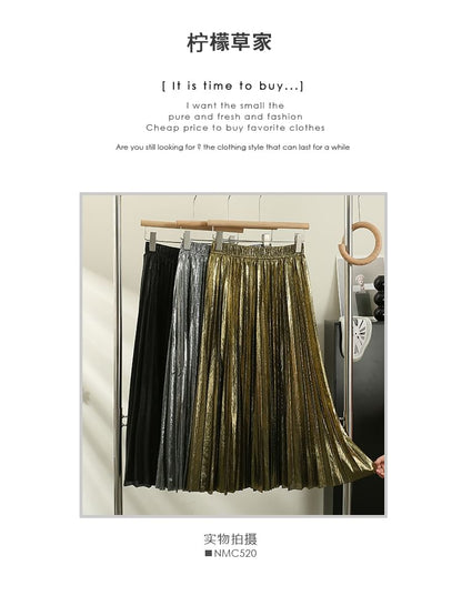 Metallic Pleated A-Line Skirt