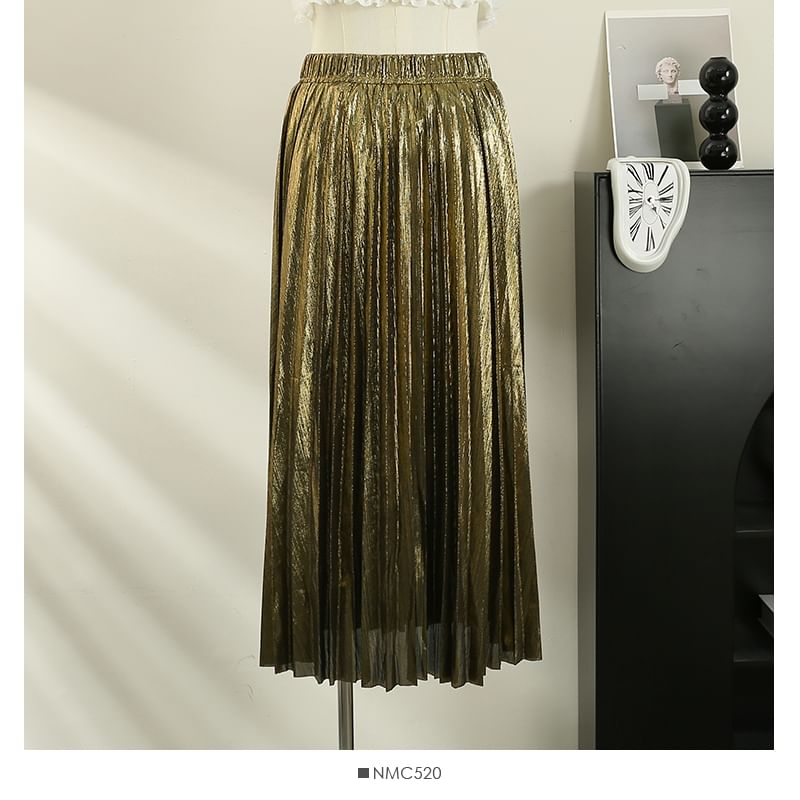 Metallic Pleated A-Line Skirt