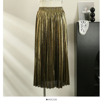 Metallic Pleated A-Line Skirt