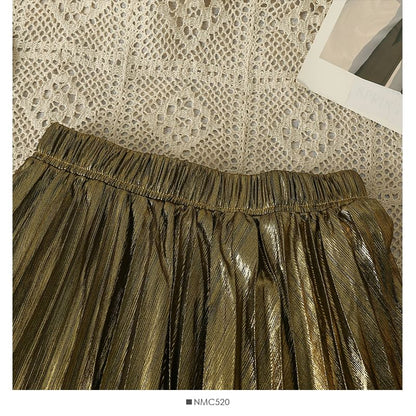 Metallic Pleated A-Line Skirt