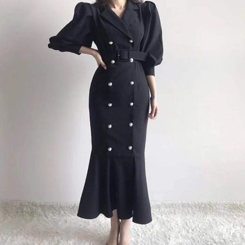 Puff Sleeve Double-Breasted Belted Mermaid Gown