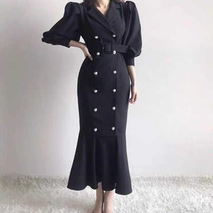 Puff Sleeve Double-Breasted Belted Mermaid Gown