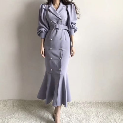 Puff Sleeve Double-Breasted Belted Mermaid Gown