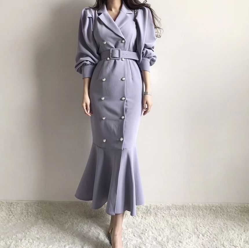 Puff Sleeve Double-Breasted Belted Mermaid Gown