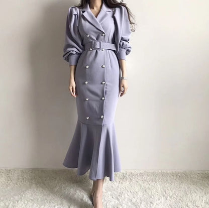Puff Sleeve Double-Breasted Belted Mermaid Gown