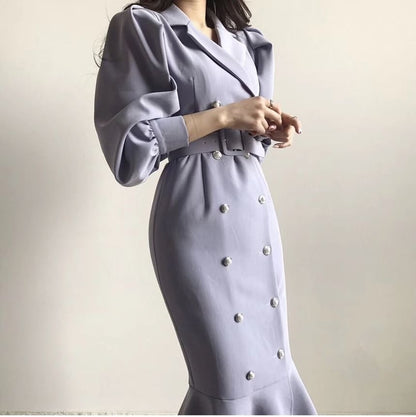 Puff Sleeve Double-Breasted Belted Mermaid Gown