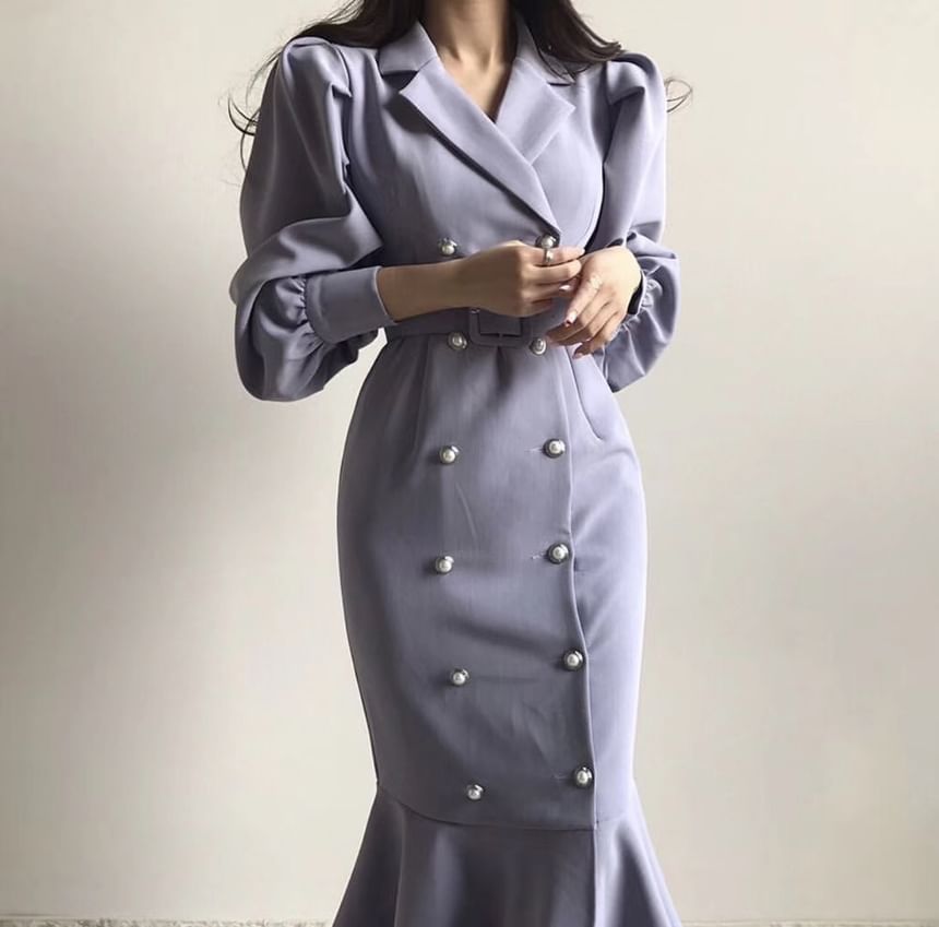 Puff Sleeve Double-Breasted Belted Mermaid Gown