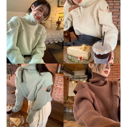 Turtleneck Loose-Fit Plain Sweater Cold-Shoulder