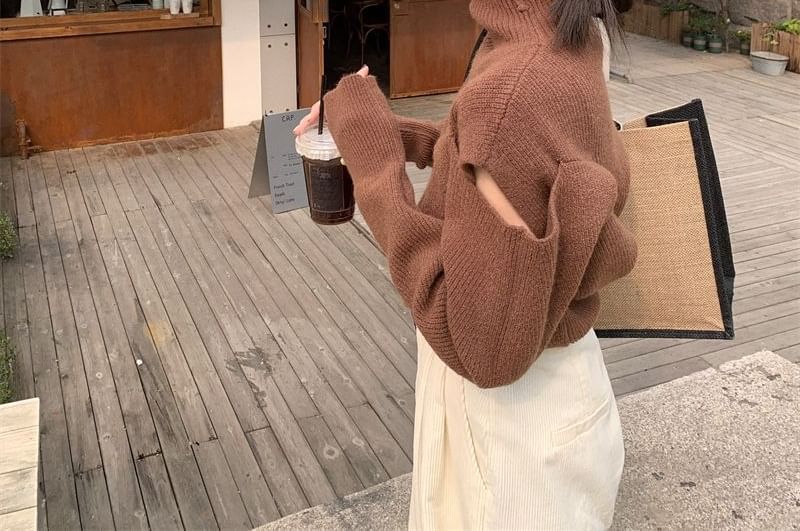 Turtleneck Loose-Fit Plain Sweater Cold-Shoulder