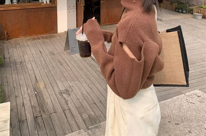 Turtleneck Loose-Fit Plain Sweater Cold-Shoulder