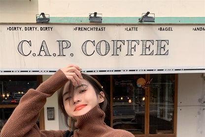 Turtleneck Loose-Fit Plain Sweater Cold-Shoulder