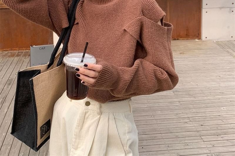 Turtleneck Loose-Fit Plain Sweater Cold-Shoulder