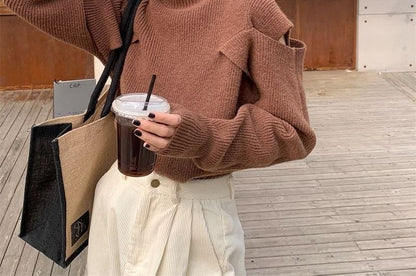 Turtleneck Loose-Fit Plain Sweater Cold-Shoulder