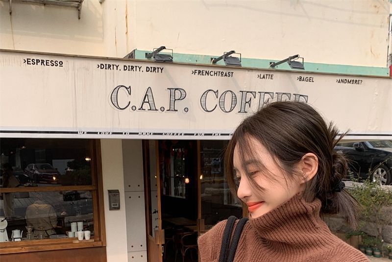 Turtleneck Loose-Fit Plain Sweater Cold-Shoulder