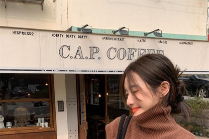 Turtleneck Loose-Fit Plain Sweater Cold-Shoulder