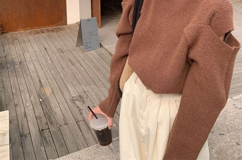 Turtleneck Loose-Fit Plain Sweater Cold-Shoulder