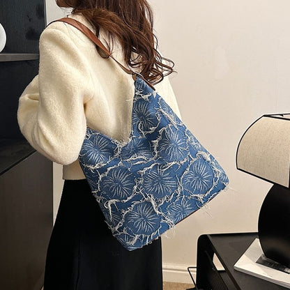 Floral Denim Tote Bag