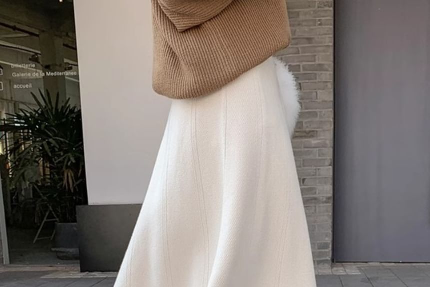 High-Rise Solid Midi A-Line Knit Skirt with Crew Neck Sweater