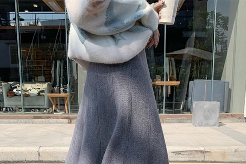 High-Rise Solid Midi A-Line Knit Skirt with Crew Neck Sweater