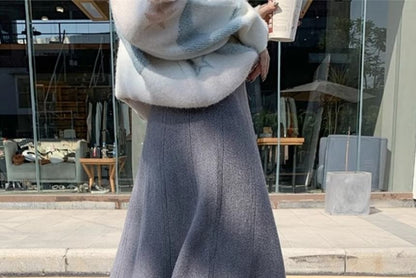 High-Rise Solid Midi A-Line Knit Skirt with Crew Neck Sweater