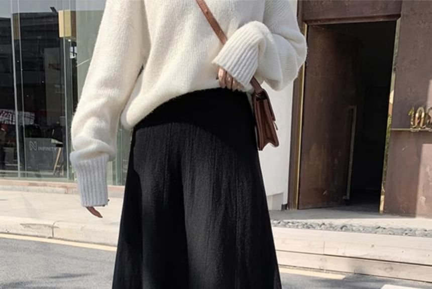 High-Rise Solid Midi A-Line Knit Skirt with Crew Neck Sweater