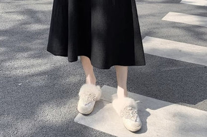 High-Rise Solid Midi A-Line Knit Skirt with Crew Neck Sweater