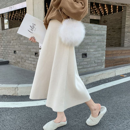 High-Rise Solid Midi A-Line Knit Skirt with Crew Neck Sweater