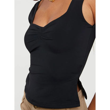 Ruched Slit Tank Top with Square Neckline