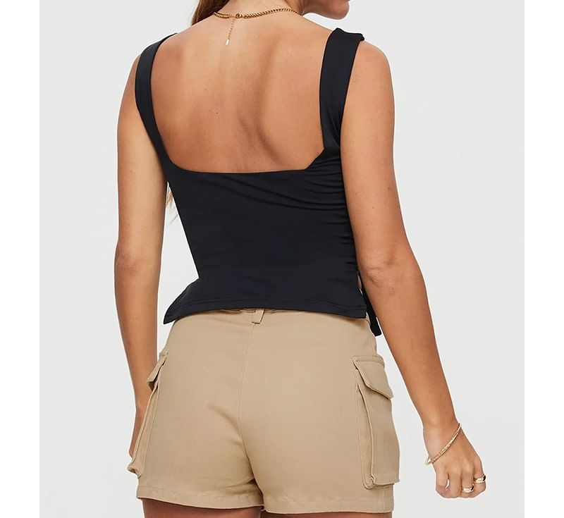 Ruched Slit Tank Top with Square Neckline