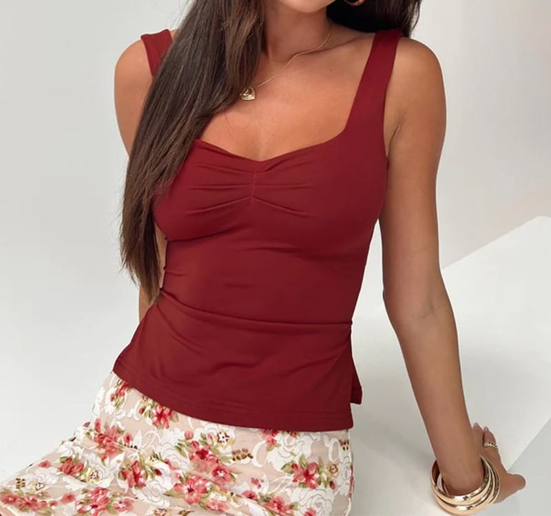 Ruched Slit Tank Top with Square Neckline