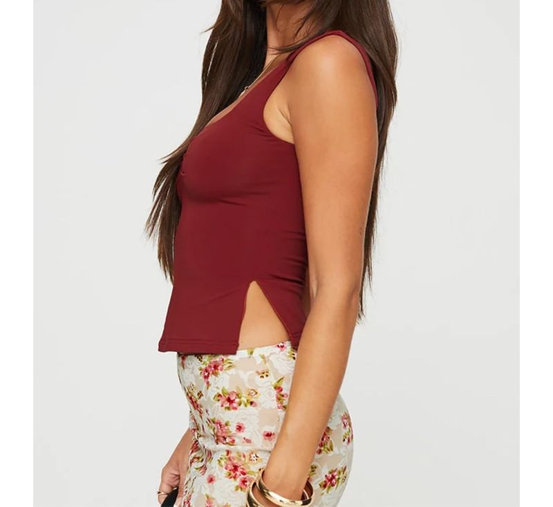Ruched Slit Tank Top with Square Neckline
