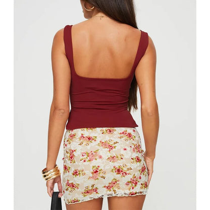 Ruched Slit Tank Top with Square Neckline
