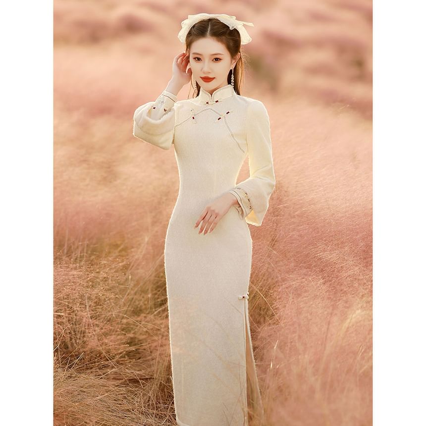 Long-Sleeve Embroidered Midi Qipao / Fluffy Trim Frog Button Vest