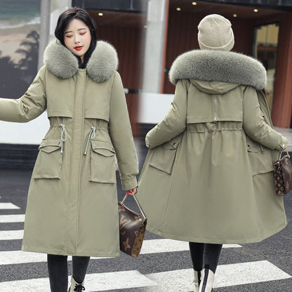 Plain Fluffy Trim Drawstring Midi Parka