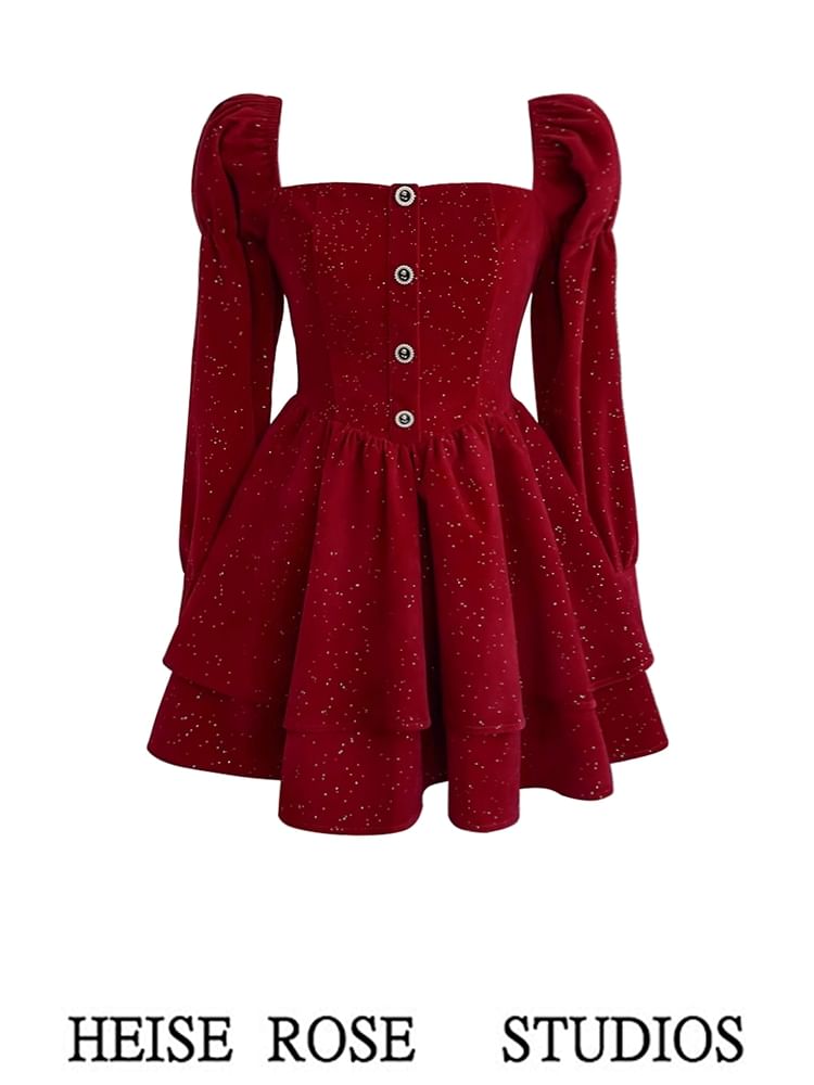 Long-Sleeve Square Neck Velvet Mini A-Line Dress