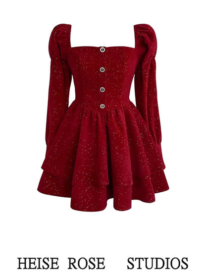 Long-Sleeve Square Neck Velvet Mini A-Line Dress