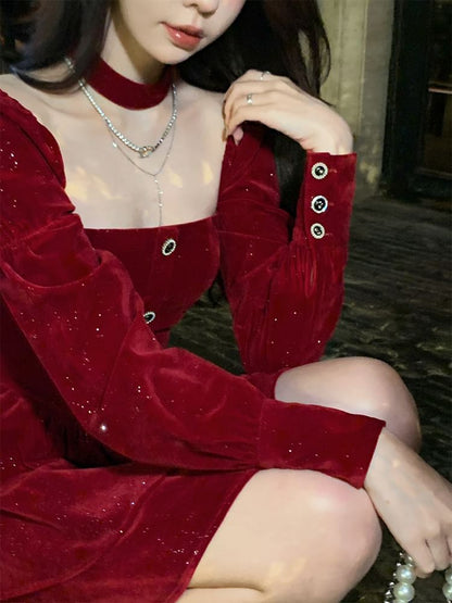 Long-Sleeve Square Neck Velvet Mini A-Line Dress