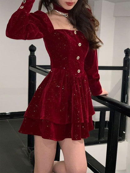 Long-Sleeve Square Neck Velvet Mini A-Line Dress