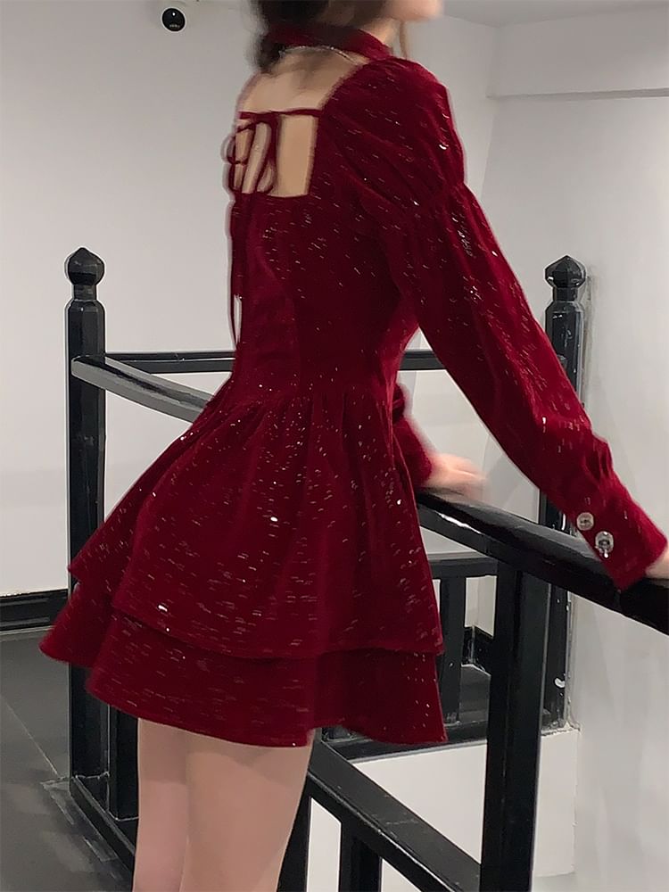 Long-Sleeve Square Neck Velvet Mini A-Line Dress