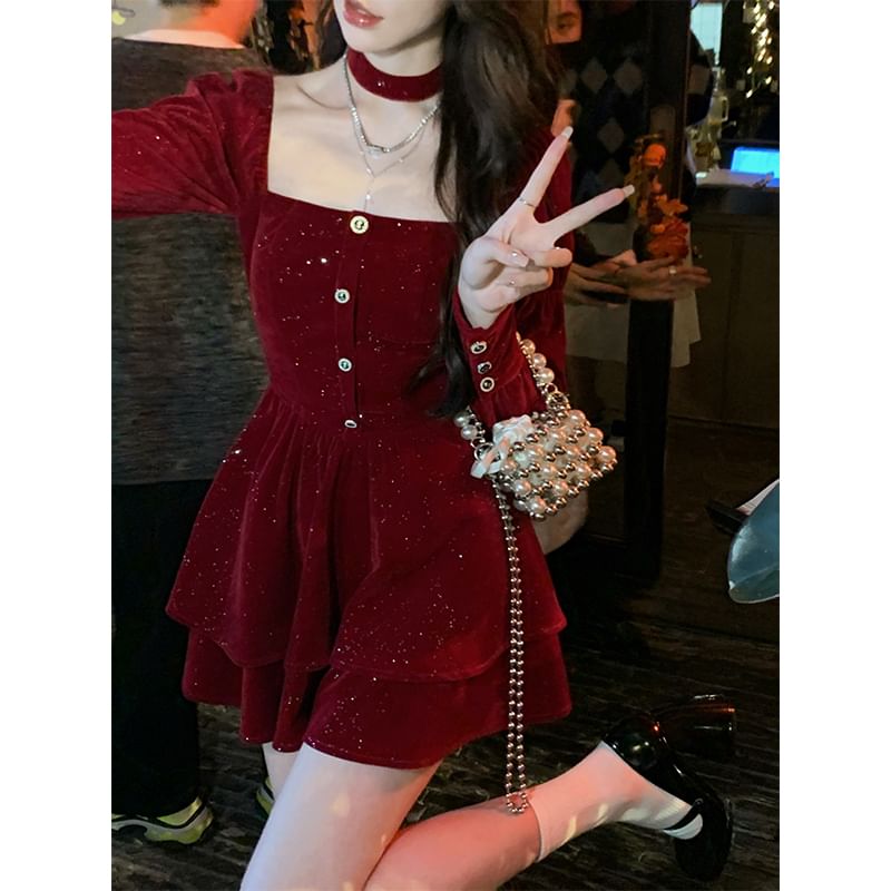 Long-Sleeve Square Neck Velvet Mini A-Line Dress